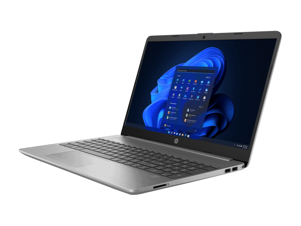 Silver laptop with Windows 11 screen.