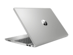 Silver HP laptop isolated on white background.