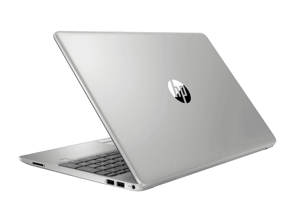Silver HP laptop isolated on white background.