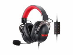 Red and black gaming headset with microphone and inline control.