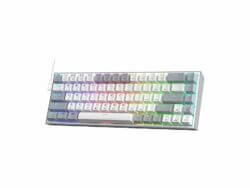 Colorful mechanical gaming keyboard on white background.