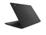 Black laptop with logo, rear side view.