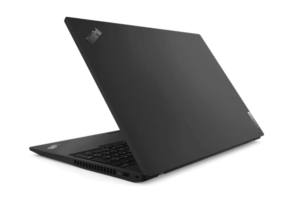 Black laptop with logo, rear side view.