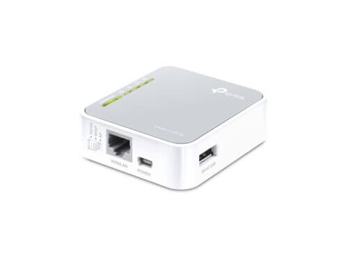 TP-Link portable router with ports and indicators.