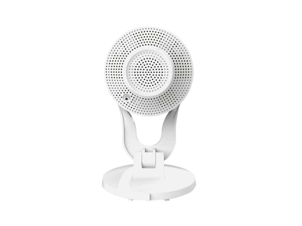 Round white security camera on stand