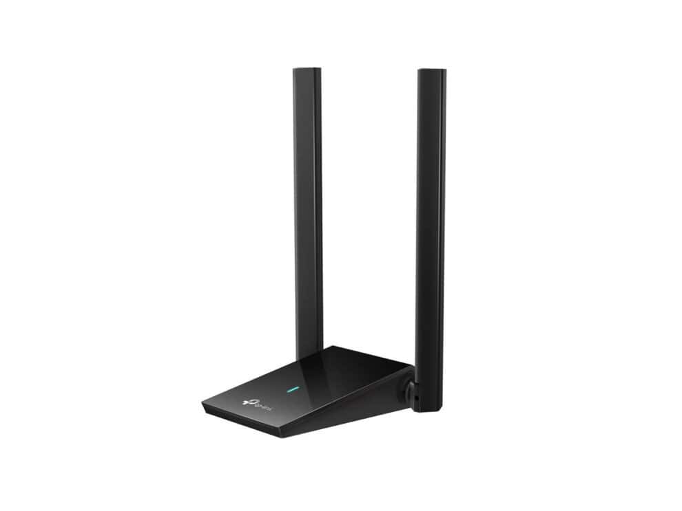 Black wireless router with dual antennas