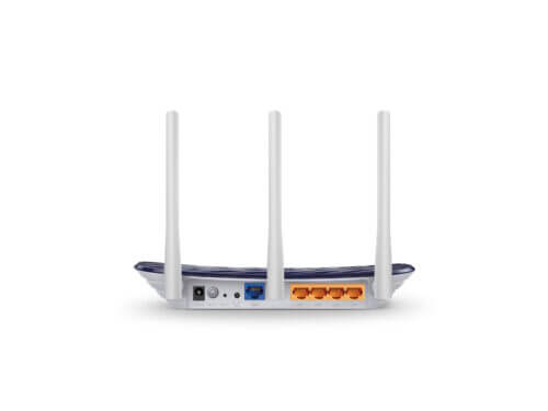 Rear view of wireless router with antennas