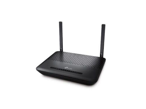 Black dual-antenna Wi-Fi router.