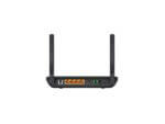Back view of wireless router with antennas.