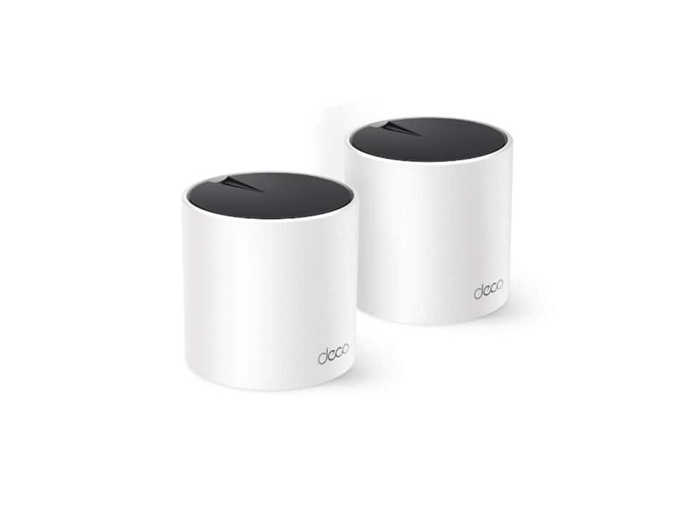 tp link ax3000 whole home mesh wi fi 6 system (2 pack) Dual white cylindrical wifi routers