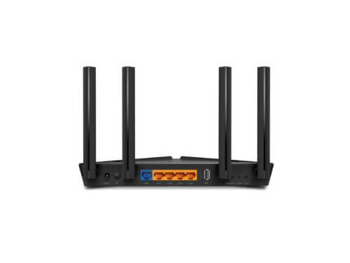 Rear view of Wi-Fi router with antennas.
