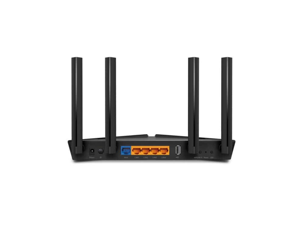 Rear view of Wi-Fi router with antennas.