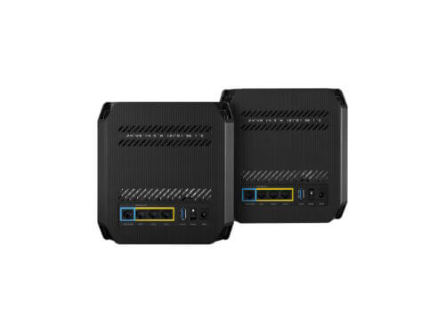 Back panel of two black routers.