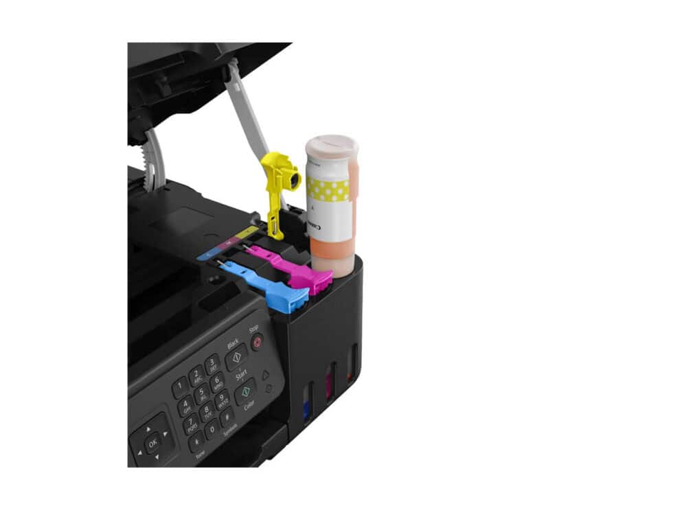 Printer open with visible ink cartridges.