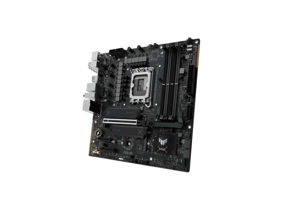 asus motherboard/lga1700/ddr5/12/13/14th gen/4xdimm/max192gb/ 1xpcie5x16/ 1xpciex4x4/1xpciex3x1/3xm.2/4xsata/1xhdmi/1xdp. Black computer motherboard, isolated on white background.