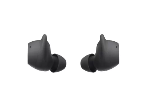 Black wireless earbuds, front view