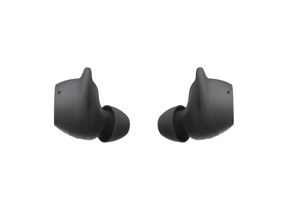 Black wireless earbuds, front view