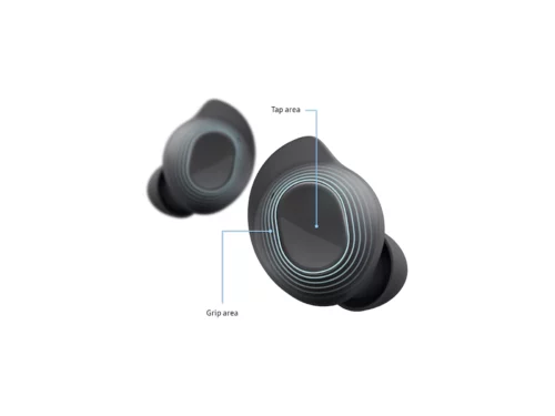 Wireless earbuds with tap and grip areas