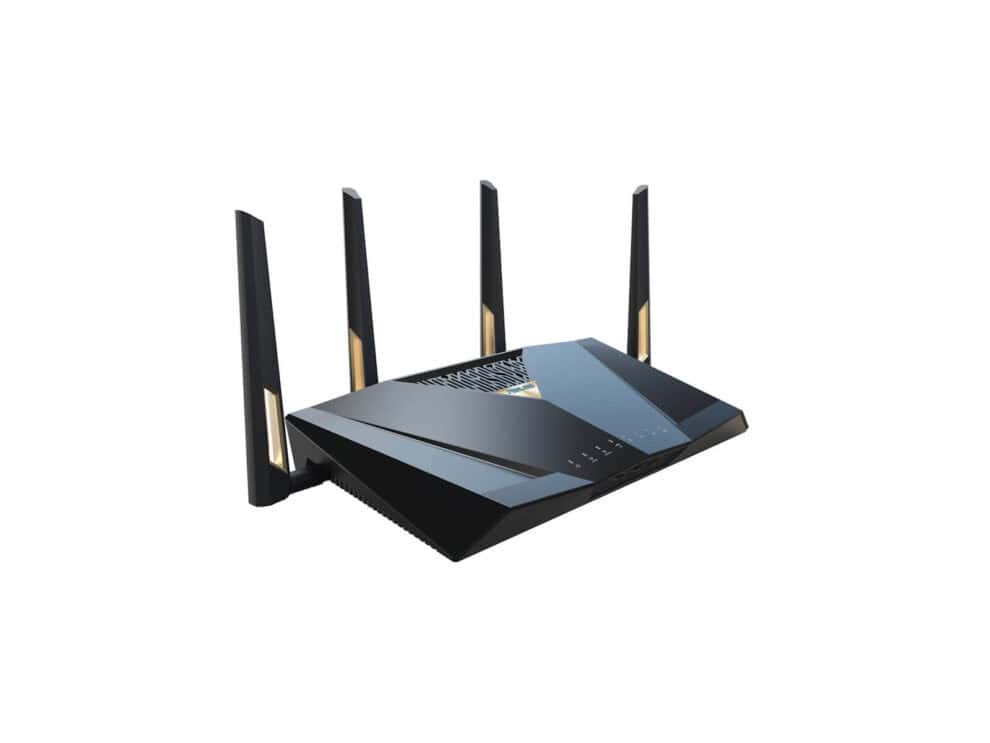 Black wireless router with four antennas