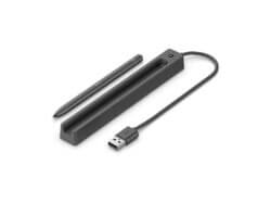 Stylus pen with charging dock and USB cable.