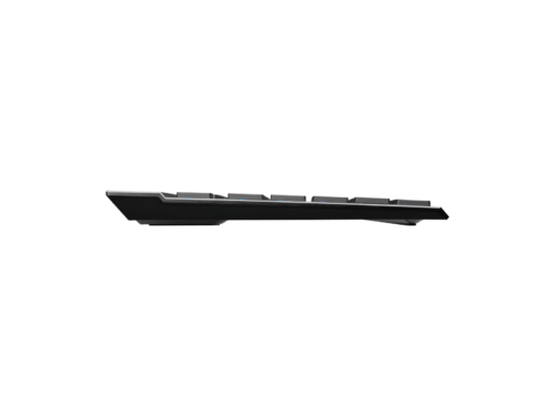 Side view of a black keyboard.