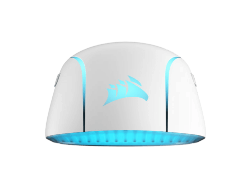 White Corsair gaming mouse with blue LED lights