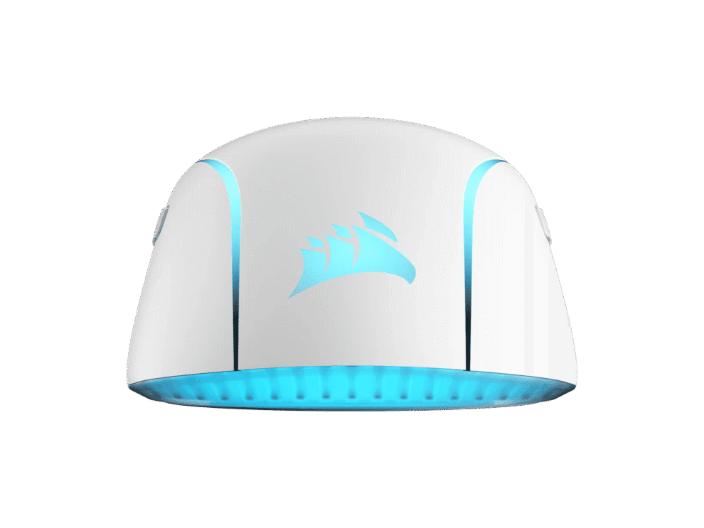 White Corsair gaming mouse with blue LED lights