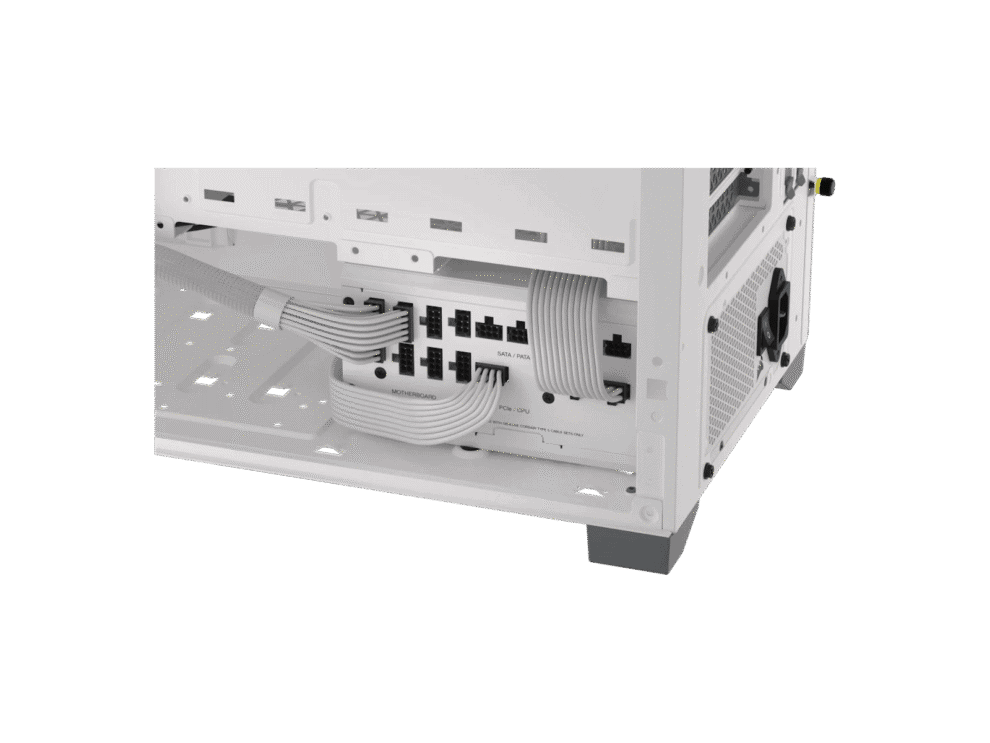 PC power supply unit with connected cables.