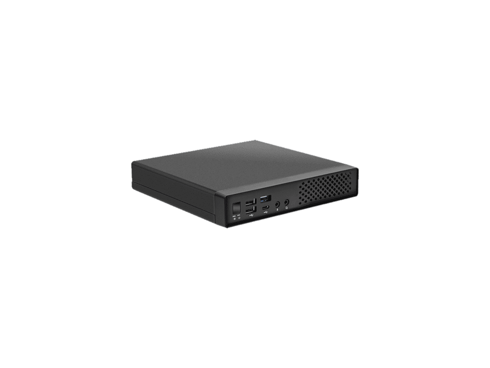 Black mini computer with multiple ports.
