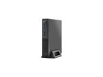 Compact black desktop computer on stand