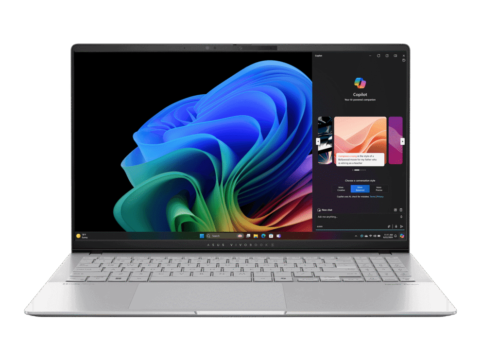 Windows laptop with colorful wallpaper and Copilot feature