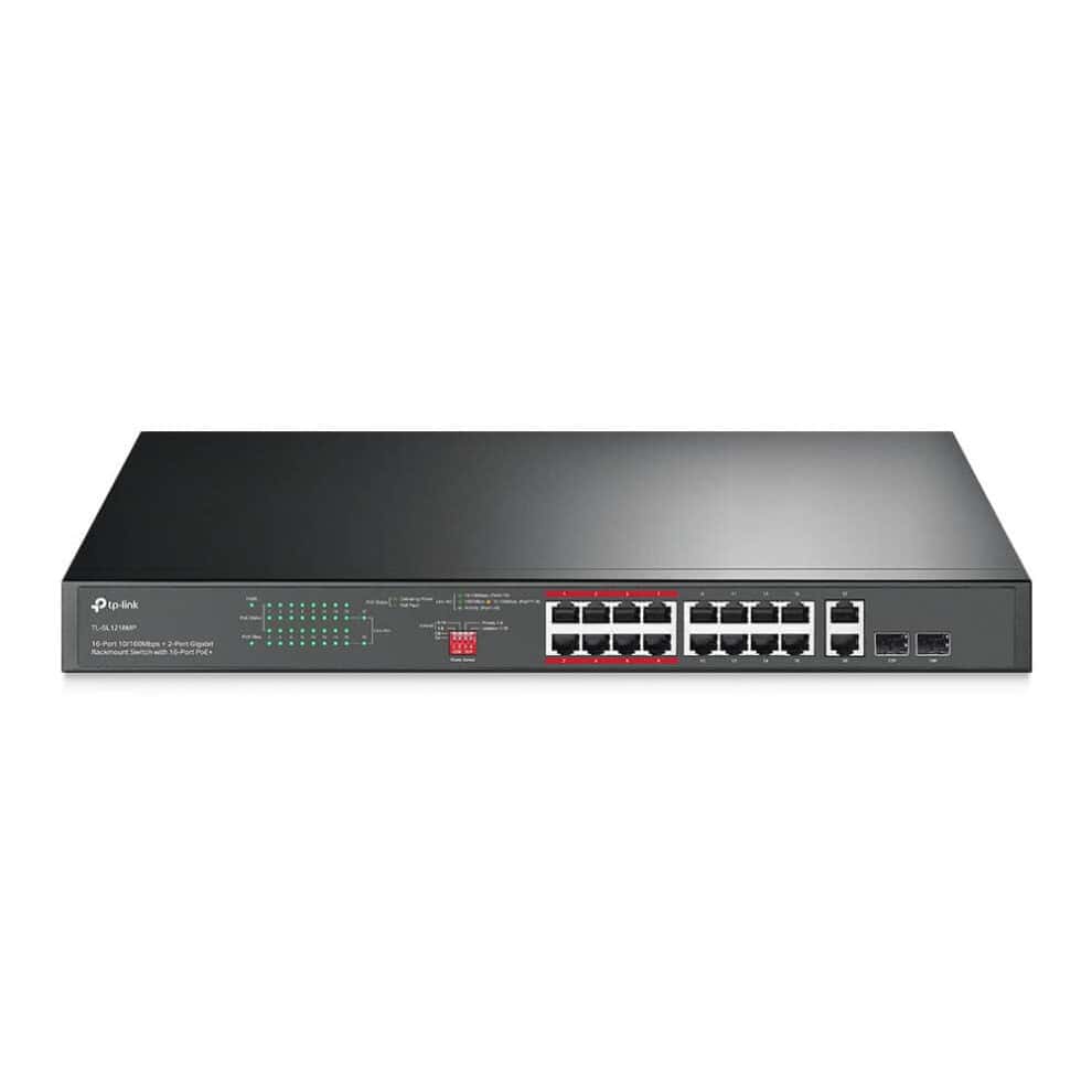 tp link tl sl1218mp 16 port 10/100 mbps + 2 port gigabit rackmount switch with 16 port poe+