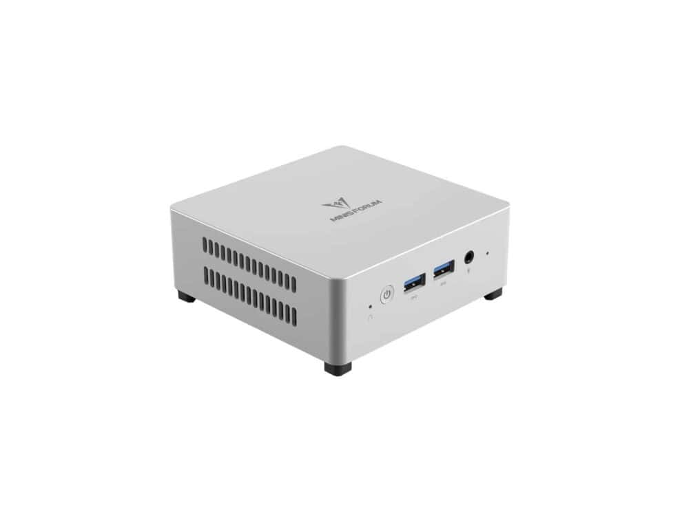 minisforum un100s intel n100 processor barebone Compact silver mini PC with ports.