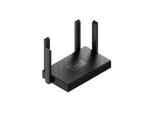 Black wireless router with four antennas.