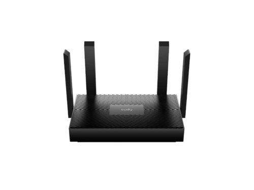 Black wireless router with four antennas