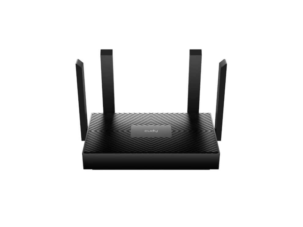 Black wireless router with four antennas