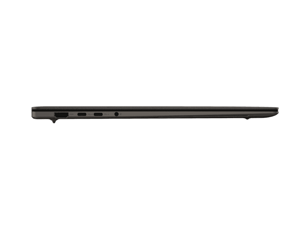 Thin laptop side profile with ports visible.