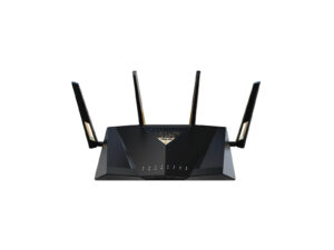 Black wireless router with four antennas