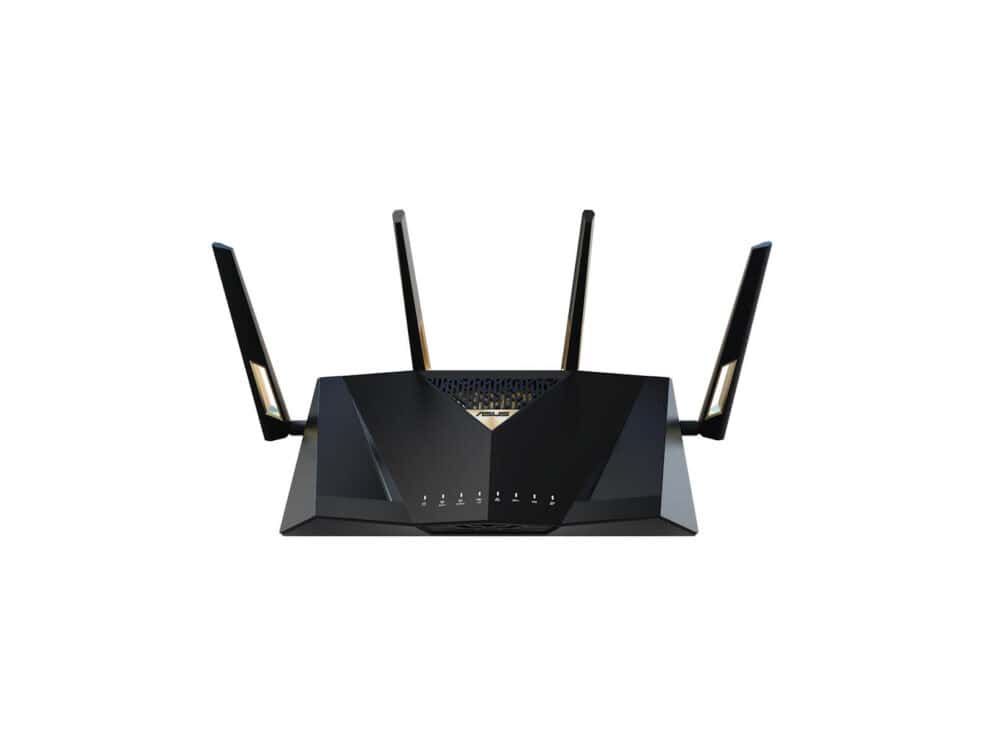 asus router/expert/wi fi 7/1376+5764 mbps/2.4ghz 4x4/5ghz 4x4/2xwan/9xlan/aimesh/aiprotection/ Black wireless router with four antennas