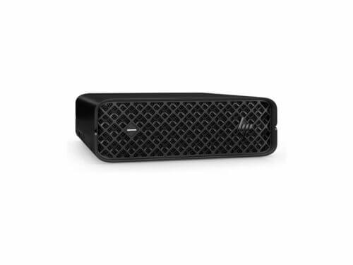 Black external hard drive on white background.