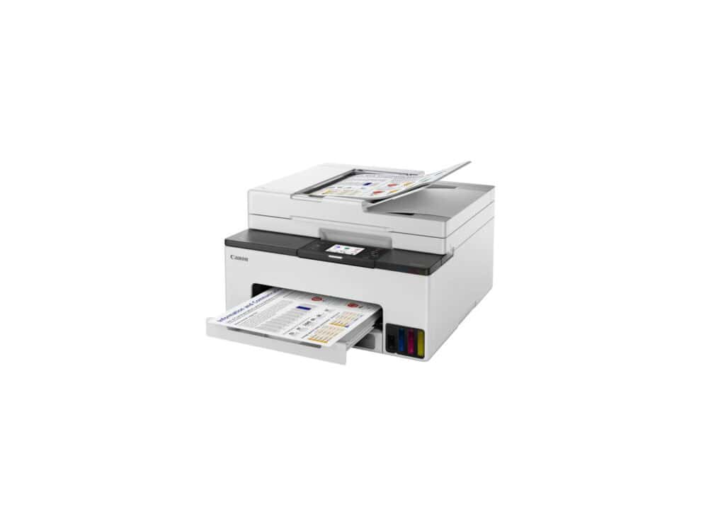 Canon multifunction printer with paper trays.
