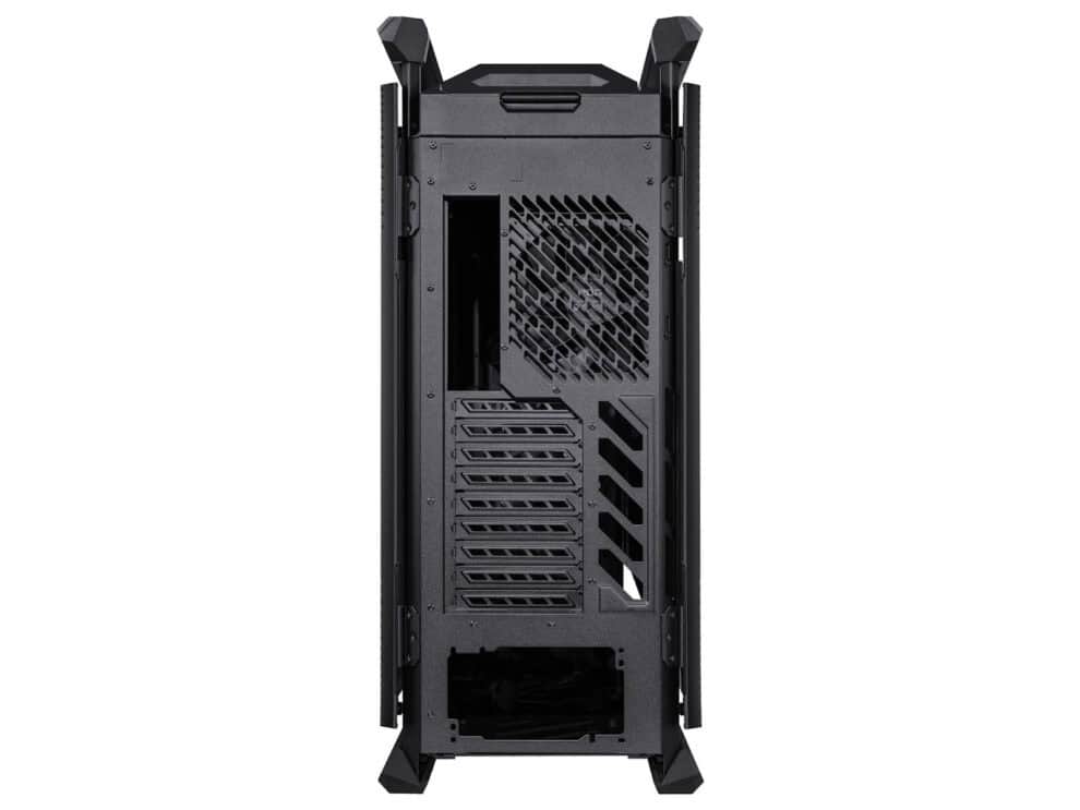 Rear view of a gaming PC tower.