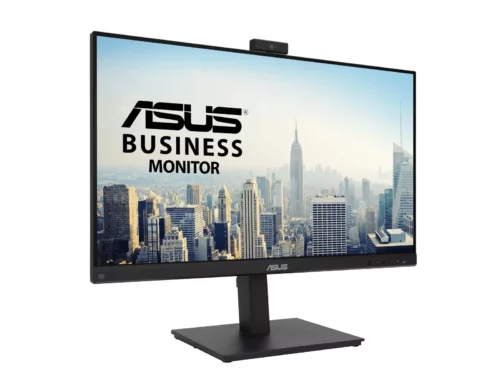 ASUS business monitor with cityscape background.