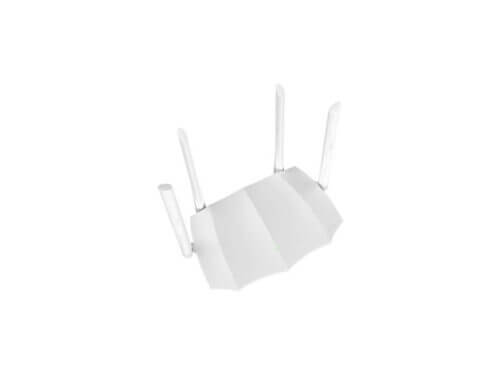 White wireless router with four antennas.