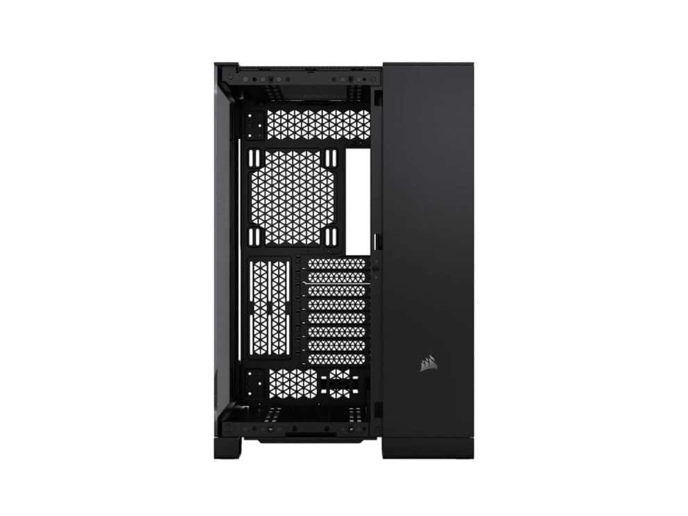 Open black computer case interior view