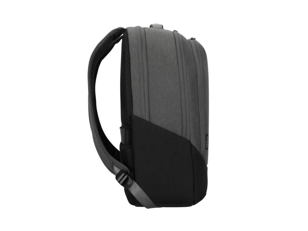 Side view of gray backpack