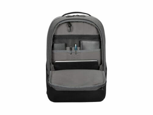 Gray backpack with organized compartments