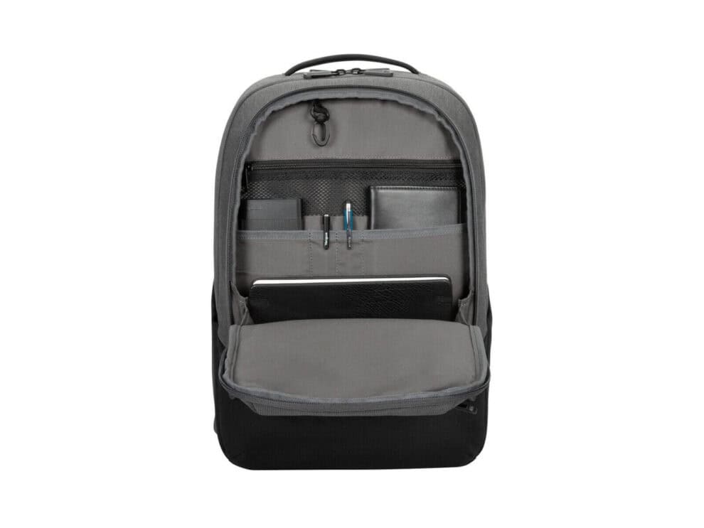 Gray backpack with organized compartments