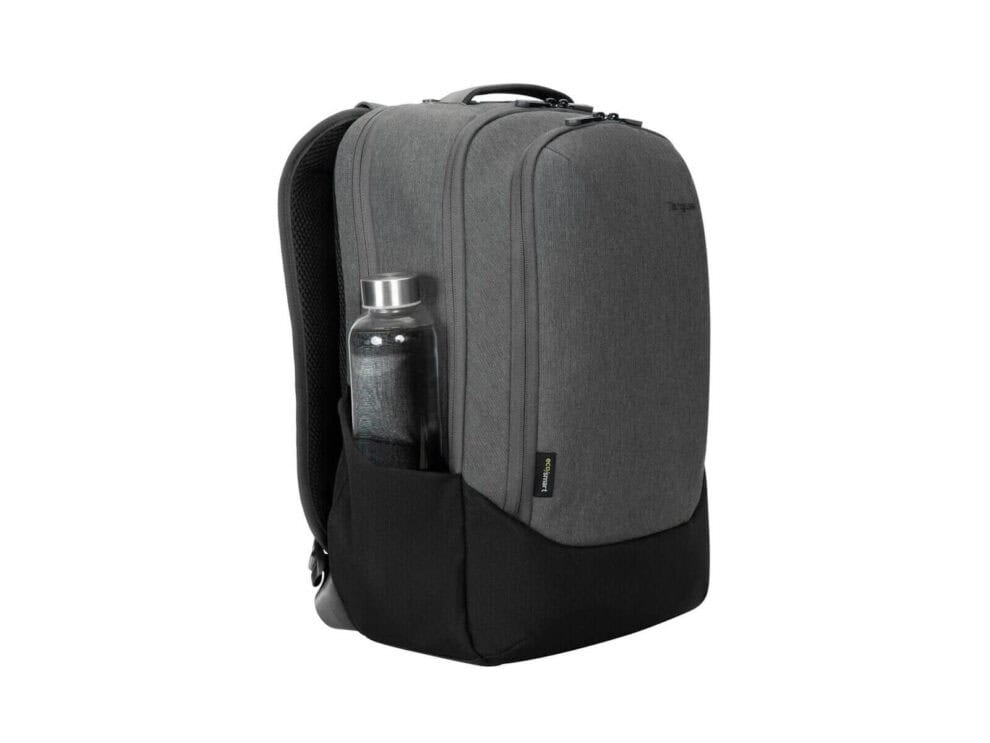 Gray backpack with water bottle pocket