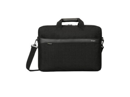 Black laptop bag with handle and shoulder strap.